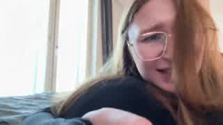 Innocent Redhead College Girl in Glasses Moans Loudly from Rough First Blowjob and Facial