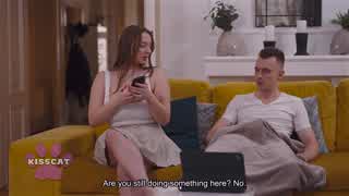 Busty Amber Bloom caught jerking guy on couch, spanked hard in doggy