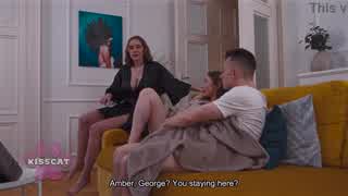 Busty Amber Bloom caught jerking guy on couch, spanked hard in doggy