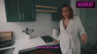 Friend sneaks into bed and fucks busty tattooed milf doggystyle while she chats on phone