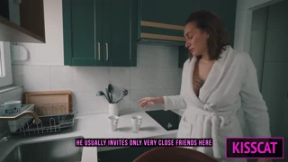Friend sneaks into bed and fucks busty tattooed milf doggystyle while she chats on phone