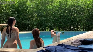 Cleaning the pool when my boss strips naked and pulls me in for outdoor fun too
