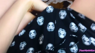 the beauty watches porn and touches her wet pussy through pajamas in close up pov