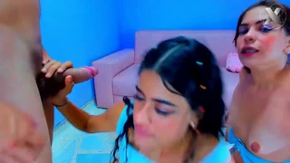 Two eager Latinas drool over neighbor’s cock in wild double blowjob