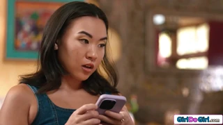 asian cutie stares at busty milf's huge boobs craving lesbian pussy licking action