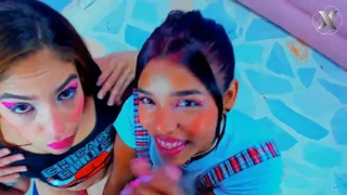 two latinas kneel and suck cock like pros - swallow it all!
