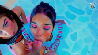 two latinas kneel and suck cock like pros - swallow it all!