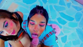 two latinas kneel and suck cock like pros - swallow it all!