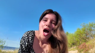 bold beach blowjob slut sucks cock deep and gulps cum before swim