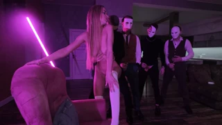 skinny woman with big tits and slim waist takes gangbang with rough anal dp and gape