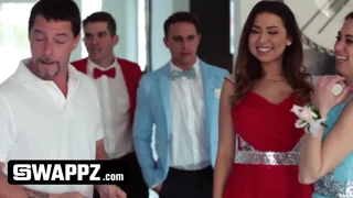 Stunning Riley Reid and Melissa Moore in Prom Dresses Seduce Stepdads in Foursome
