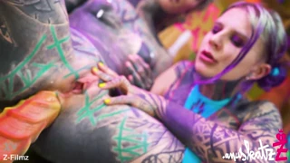 two heavily tattooed punk lesbians spread asses wide for big dildo anal play, atm gapes and real toy orgasms