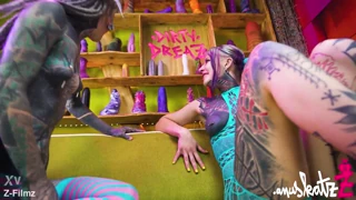 two heavily tattooed punk lesbians spread asses wide for big dildo anal play, atm gapes and real toy orgasms
