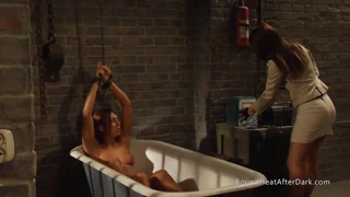 Curvy lesbian slave tied up moans under mistress fingering domination