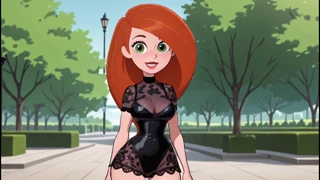 Kurvig rødhåret 3D hentai busty jente i søtt svart undertøy try-on AI