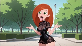 Krivuljasta rdečelasa 3D hentai z velikimi joškami v črnem perilu AI