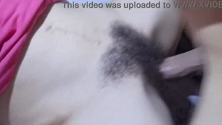 he pumps cum all over her hairy pussy during intense missionary pounding up close