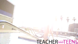 teacher grabs that huge cock and her young girlfriends join the wild threesome suck and fuck