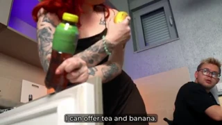 A tattooed milf sits on my face after banana drop and I pound her kitchen ass