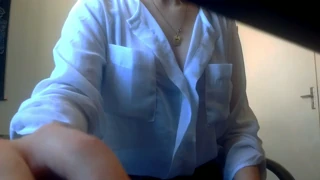 Sexy Secretary Reveals No Panties Under Mini Skirt, Removes Bra, Fingers Tight Pussy