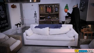 The cute brunette receives a surprise