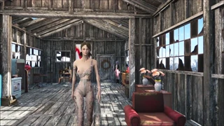 Wedok rambut coklat nyemplung dolanan Fallout 4 seksi ing omah