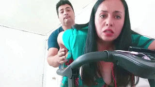 He interrupts her exercise and fucks her hard on the treadmill with sweat and sex