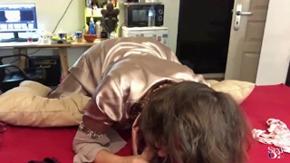 French amateur slut fucks in satin panties corset doggystyle blowjob and rimming