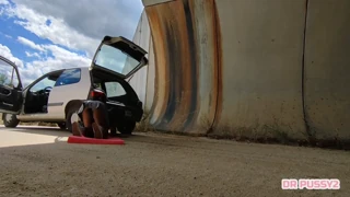 african woman without panties has car trouble and she's surprised by stranger with hard cock fucking her wet juicy pussy in various positions without shirt