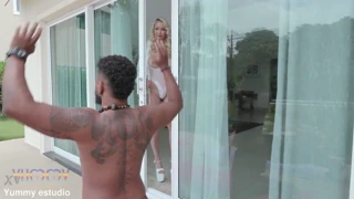 Brasilian pornstar Larissa Leite handles four on one DAP with big cocks and she says it's filling her up