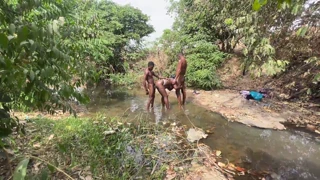 Curvy Brown-Skinned Ebony Exposed at Stream for Devouring