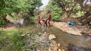 Curvy Brown-Skinned Ebony Exposed at Stream for Devouring