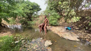 Curvy Brown-Skinned Ebony Exposed at Stream for Devouring