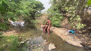 Curvy Brown-Skinned Ebony Exposed at Stream for Devouring