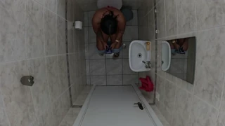 After the bathroom door stays open the friend steps in and the moment turns physical