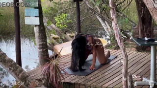 Yoga makes swimsuit bunch up in pussy & shows off to neighbors