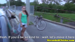 A stranded euro woman finds relief with her driver as the car stays parked