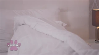 Busty Amber Bloom caught jerking guy on couch, spanked hard in doggy