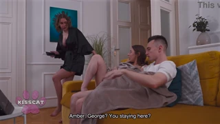 Busty Amber Bloom caught jerking guy on couch, spanked hard in doggy