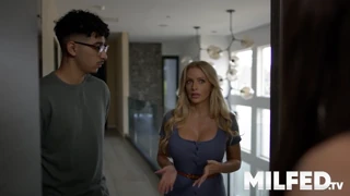 Blonde milf gets caught mid cumshot
