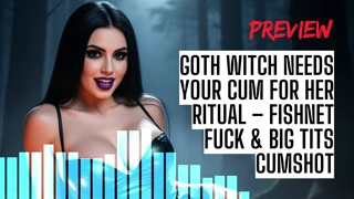 Goth witch arranges fishnet attire and big tits for a ritual scene