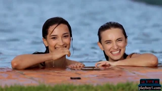 lesbian milf models start kissing each other near the pool