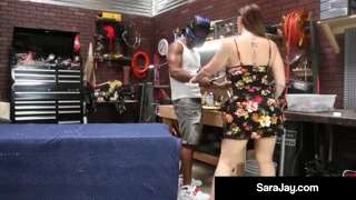 Sara Jay sucks a big black cock. The busty MILF gets fucked by the mechanic - in interracial action