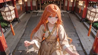 An AI generated orange haired geisha girl kneels to adjust her sash