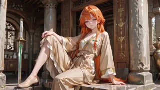 An AI generated orange haired geisha girl kneels to adjust her sash