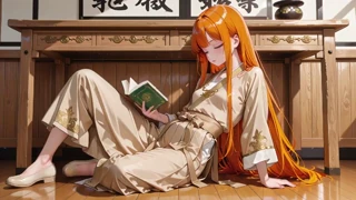 An AI generated orange haired geisha girl kneels to adjust her sash