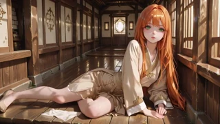 An AI generated orange haired geisha girl kneels to adjust her sash