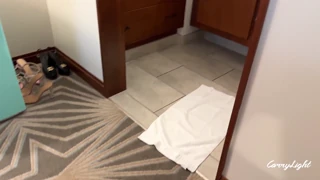 Woman caught man jerking off and helps him cum quick on pussy, while husband is home