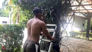 Brandon Cruz and alejandra Palacios get roughly fucked outdoors by their voyeuristic gardener..