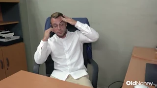 Oldnanny has a glasses wearing milf in stockings getting pounded hard on an office desk